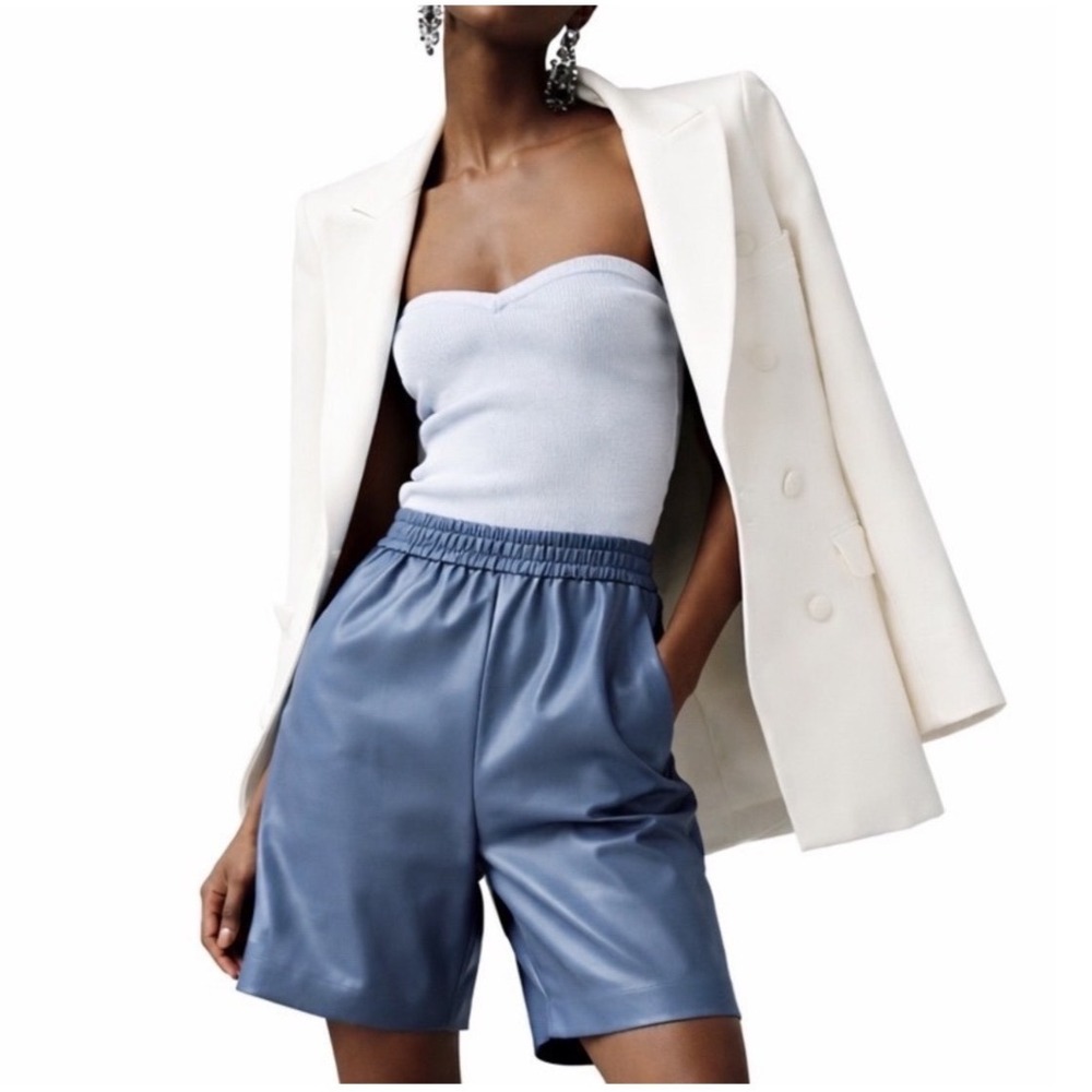 Aritzia Babaton Blue Faux Leather High Waisted Elastic Waist Shorts
